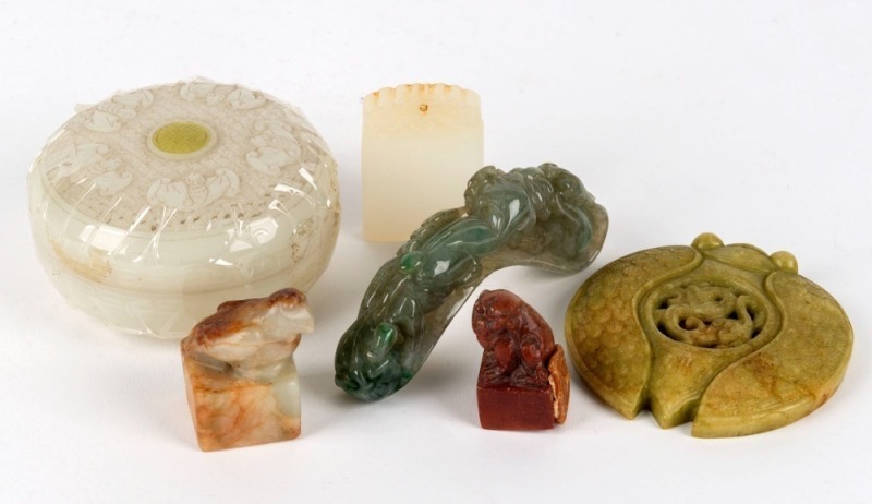 Six assorted Chinese jade seals, pendant, buckle, bowl etc, ​​​​​​​the largest 7cm long