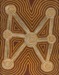 ADRIAN TJUPURRULA&nbsp;(Aboriginal), Kaakaratintja (Lake MacDonald), synthetic polymer paint on board, 45 x 35cm. Artist's statement and gallery number [AT860740] verso. Provenance: The Joyce Evans estate.