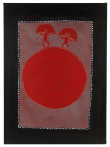 JACK DALE MENGENEN (Aboriginal, circa 1922 - 2013), Ceremony Men, 2001, synthetic polymer paint on canvas, titled, dated, signed "Jack Dale" and with gallery number NM.1136 verso, 94 x 68cm. ​​​​​​​Provenance: The Joyce Evans estate.