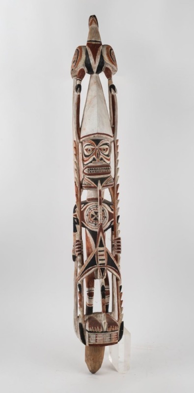 EDWARD SALLE (born c.1939, Madar People, Tabar Islands, New Ireland Province, Papua New Guinea), A finely painted wooden Malagan pole. Wood, shell fibre lime, natural red, black and yellow pigments, circa 1990s. 135cm high.