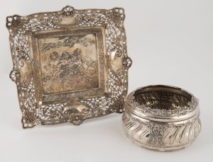 A sterling silver jewellery box (missing lid insert), together with a Continental silver square shaped dish, (2 items), the dish 23cm wide, 730 grams total