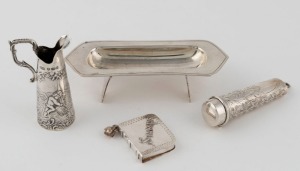 Silver miniature ewer, stamp box, nib tray, cigar holder in sterling silver case, 19th and 20th century, 110 grams silver weight