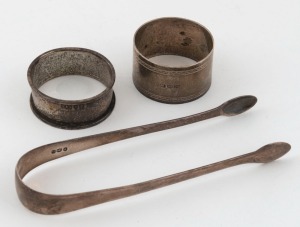 Antique English sterling silver sugar tongs and two napkin rings, 19th/20th century, (3 items), 72 grams total