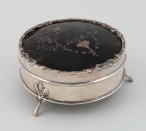 An antique English sterling silver and tortoise shell jewellery casket, by George Bowen & Sons, circa 1913, 7cm high, 14cm wide