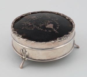 An antique English sterling silver and tortoise shell jewellery casket, by George Bowen & Sons, circa 1913, ​​​​​​​7cm high, 14cm wide