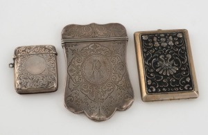 An antique silver calling card case, sterling silver vesta and Yogya silver cigarette case, 19th and 20th century, (3 items), the card case 11cm high, 180 grams total