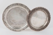 Two antique Chinese silver trays, 19th century, the larger 19.5cm diameter, 402 grams total