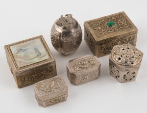 Six assorted Chinese silver and silver plated boxes, 19th and 20th century, ​​​​​​​the largest 7.5cm wide