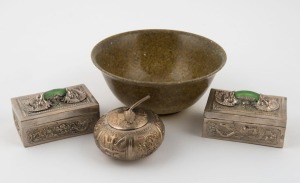 Three assorted Chinese silver finished boxes, together with a spinach jade bowl, 20th century, (4 items), the bowl 15cm diameter