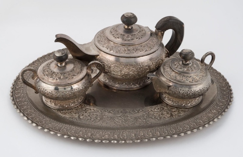 A Sri Lankan silver four piece tea set, 20th century, (4), 12cm high, 24cm wide, 1500 grams total