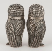 A pair of silver owl condiments with paste eyes, early 20th century, stamped "925", 7cm high, 200 grams total - 2