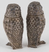 A pair of English sterling silver owl condiments adorned with glass eyes, London, circa 1901, 6cm high, 142 grams total - 2