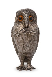 An antique English sterling silver owl mustard pot with mouse spoon, London, circa 1900, 7cm high, 134 grams
