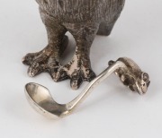 An antique English sterling silver owl mustard pot with mouse spoon, London, circa 1900, ​​​​​​​7cm high, 134 grams - 2