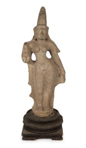 SHREI DEVI carved stone statue, Vijayanaga period, South India, 16th century, on 18th century carved wooden lotus base, 104cm high, 124cm high overall