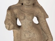 SHREI DEVI carved stone statue, Vijayanaga period, South India, 16th century, on 18th century carved wooden lotus base, 104cm high, 124cm high overall - 3