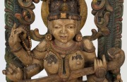 SARASVATI panel, carved wood with polychrome finish, South Indian origin, 19th century, 158cm high - 3