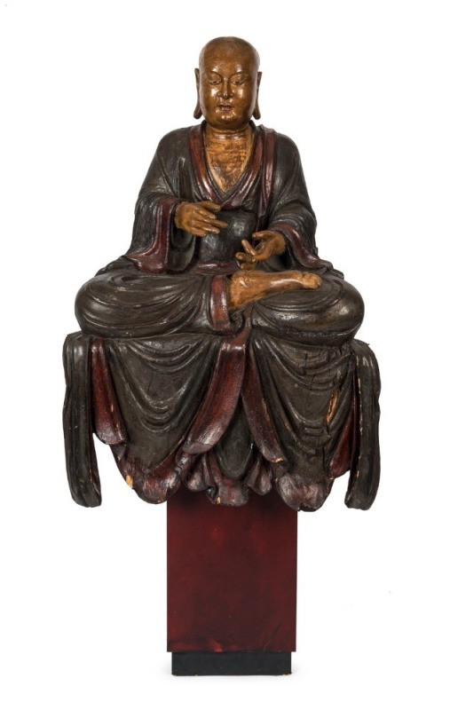 LOHAN antique Chinese seated Buddhist figure, carved wood with polychrome finish and inset glass eyes, Ming Dynasty, Suzhou, 16th/17th century, with later stand, 119cm high, 162cm high overall