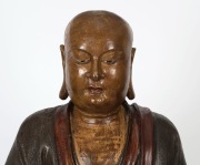 LOHAN antique Chinese seated Buddhist figure, carved wood with polychrome finish and inset glass eyes, Ming Dynasty, Suzhou, 16th/17th century, with later stand, 119cm high, 162cm high overall - 2