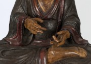 LOHAN antique Chinese seated Buddhist figure, carved wood with polychrome finish and inset glass eyes, Ming Dynasty, Suzhou, 16th/17th century, with later stand, 119cm high, 162cm high overall - 3