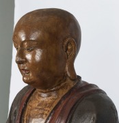 LOHAN antique Chinese seated Buddhist figure, carved wood with polychrome finish and inset glass eyes, Ming Dynasty, Suzhou, 16th/17th century, with later stand, 119cm high, 162cm high overall - 7