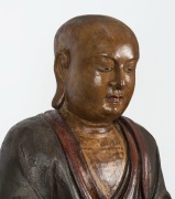 LOHAN antique Chinese seated Buddhist figure, carved wood with polychrome finish and inset glass eyes, Ming Dynasty, Suzhou, 16th/17th century, with later stand, 119cm high, 162cm high overall - 8