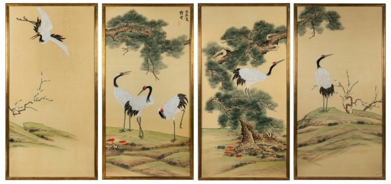 Four Chinese paintings of cranes, 20th century, ​​​​​​​198 x 100cm each overall