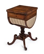 A superb Regency sewing table, mahogany and rosewood with ebony string inlay, plus sycamore top, circa 1820, ​​​​​​​75cm high, 46cm wide (extends to 91cm), 42cm deep