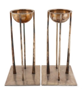 CHARLES RENNIE MACKINTOSH "CRANSTON" candeliere, pair of silver plated candle holders by Sabattini, in original boxes, circa 1984, 32.5cm high
