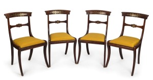 A fine set of four antique English mahogany spade back dining chairs with brass inlay, early 19th century,