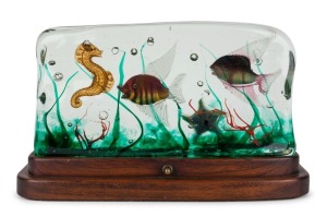 CENEDESE "Aquarium" Murano glass fish block with illuminated lamp base, by ALFREDO BARBINI, the 21cm high, 36cm wide, 11cm deep