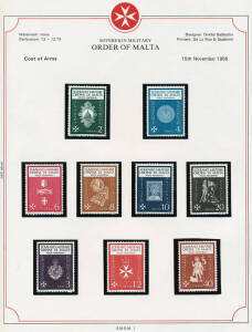 1966-89 Sovereign Military Order of Malta collection, in 2 boxed albums on hingeless pages, complete incl. Express Post & postage dues (ex Oct.1986 minature sheet). Plus an envelope of 1990 issues. Fine and fresh, very high potential resell value.