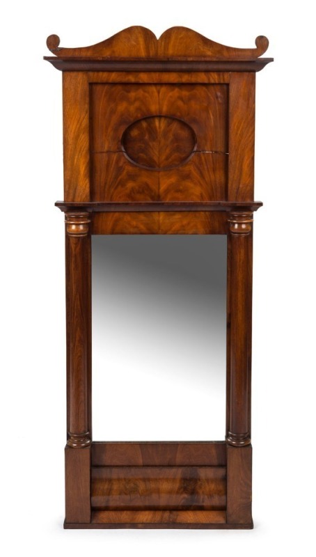 An antique Biedermeier flame mahogany pier mirror, Northern European, early to mid 19th century, 127 x 54cm