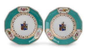 NANTGARW pair of early Welsh porcelain armorial plates, early 19th century, rare. Gilded factory stamp to bases "Nantgarw", 25cm wide
