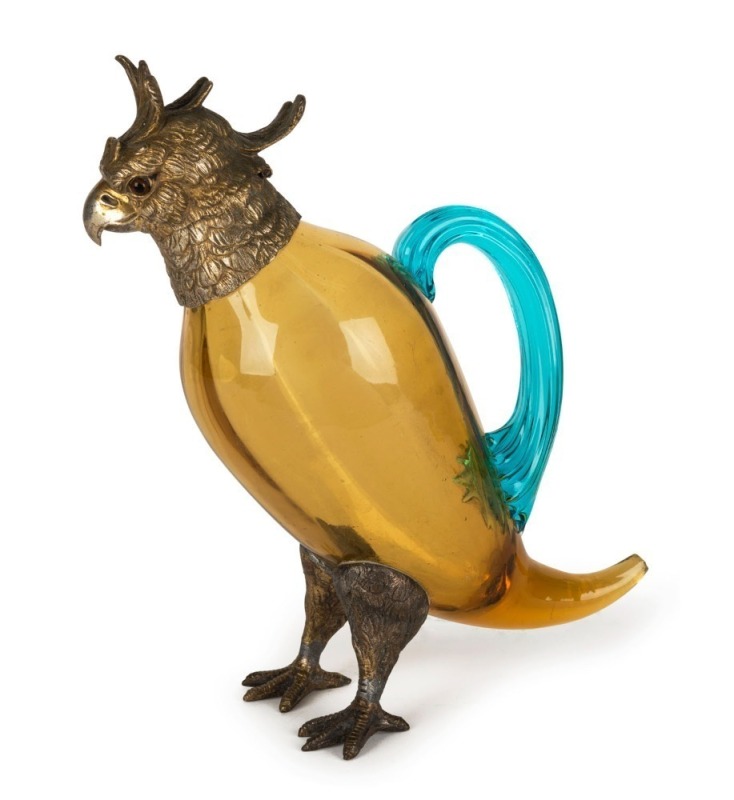 A zoomorphic cockatoo glass decanter with silver plated bronze mounts, 19th century, ​​​​​​​26cm high