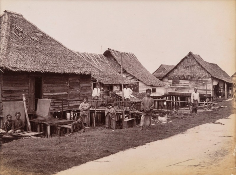 GUSTAVE RICHARD LAMBERT (Singapore River hut dwellers), albumen paper print, circa 1880s, photographer’s blind stamp on image lower right, 21.5 x 27.5cm, laid down on card, Lambert arrived in Singapore in 1875, where he sat up a studio on Orchard Road. He