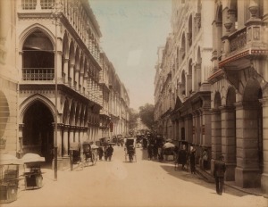 HONG KONG: A fine group of hand-coloured albumen paper prints, circa 1880s, most annotated verso, approx. 20 x 27cm.  Scenes include harbour views, street scenes, the Cricket Ground & City Hall, Queens Road, etc. (12 items; individually mounted for displa