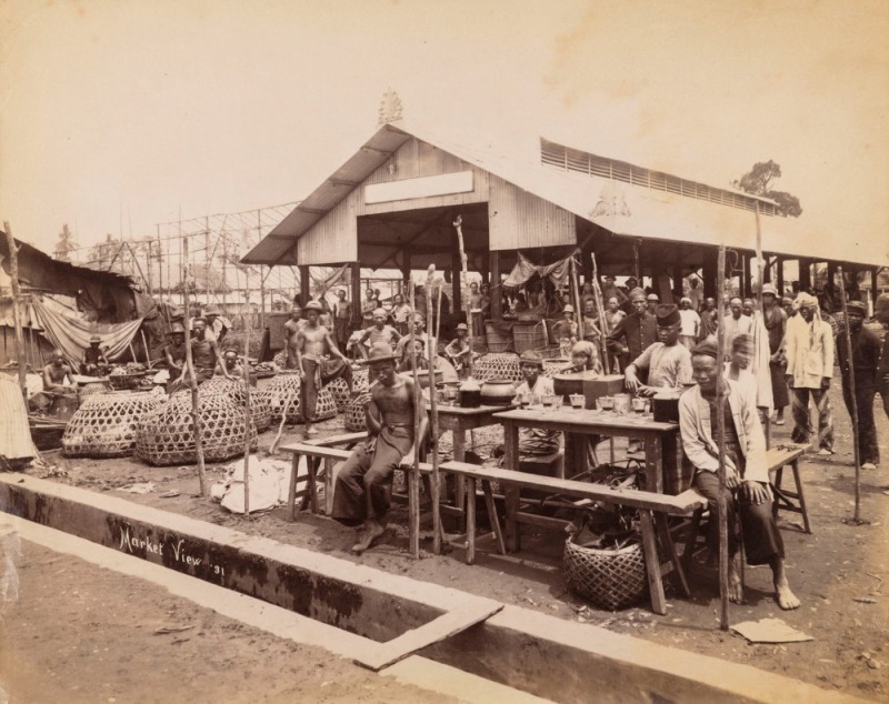 GUSTAVE RICHARD LAMBERT, Market View, 31, albumen paper print, circa 1880s, photographer’s blind stamp on image lower right, titled in the plate at lower left, 21.5 x 27.5cm,