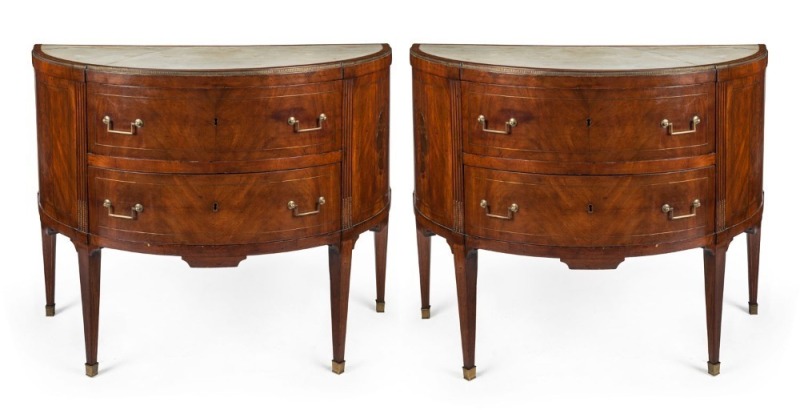 A pair of antique French demi-lune commodes, mahogany with brass string inlay and marble tops, late 18th century, ​​​​​​​99cm high, 119cm wide, 61cm deep