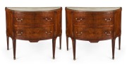 A pair of antique French demi-lune commodes, mahogany with brass string inlay and marble tops, late 18th century, ​​​​​​​99cm high, 119cm wide, 61cm deep
