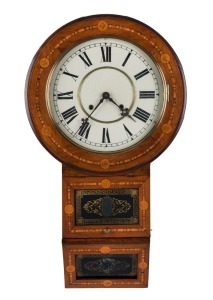 An antique drop-dial wall clock in walnut and parquetry case with 8 day time and strike movement, 19th century, bearing original paper label "SUPERIOR 8-DAY ANGLO-AMERICAN CLOCK", ​​​​​​​76cm high