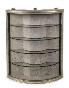 An antique wall mounted nickel plated shop display cabinet, with water washed silk and glass shelving 19th century, ​​​​​​​76cm high x 60cm wide x 22cm deep