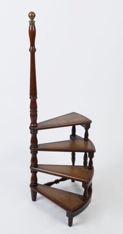 Antique style library steps, turned mahogany and tooled leather, English, 20th century, 115cm high 