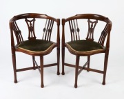 A pair of antique English walnut corner chairs with green velvet upholstery, 19th/20th century,  75cm high x 57cm wide x 48cm deep