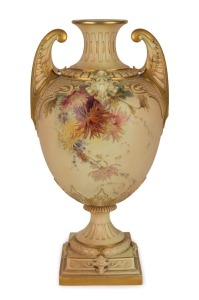 ROYAL WORCESTER impressive antique English porcelain urn with hand-painted floral decoration, adorned with face masks, 19th century, puce factory mask to base, 48cm high