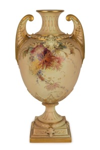 ROYAL WORCESTER impressive antique English porcelain urn with hand-painted floral decoration, adorned with face masks, 19th century, puce factory mask to base, ​​​​​​​48cm high