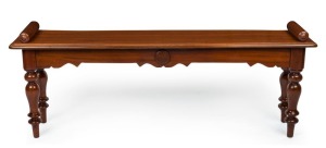 An antique English mahogany hall seat with turned legs and rolling pin decoration, 19th century, 46cm high, 121cm wide, 28cm deep
