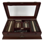 OPTOMETRIST SET. An impressive antique American set in original mahogany case with manufacturers plaque "AMERICAN OPTICAL COMPANY, SOUTHBRIDGE, MASS.", late 19th century, ​​​​​​​the case 58cm wide