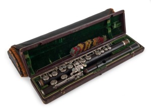 RUDALL CARTER & Co. antique English ebony flute in original plush box with outer leather sachet, 19th century, ​​​​​​​the case 39cm wide