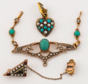 An antique triangular lapel brooch in 9ct gold set with seed pearls and garnets, together with a silver gilt heart shaped pendant set with seed pearls and turquoise, and an Edwardian 9ct gold pendant set with seed pearls and turquoise (missing chains), 19